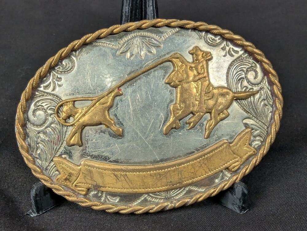 Vintage Western Belt Buckle Roping Cowboy Motif Nickel Silver Gold Tone 3.5 Inch